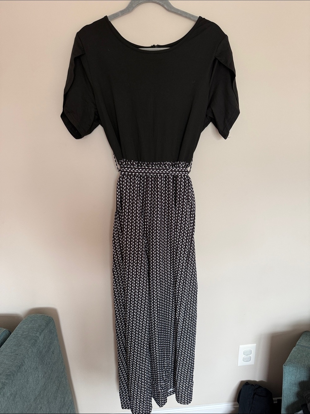 SHEIN Black Top with Black-and-White Patterned Jumpsuit